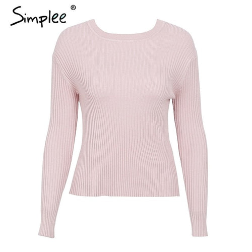 Simplee Backless bow knitted sweater women O neck casual pullover female 2017 autumn knitting jumper winter sweater pull femme