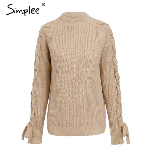 Simplee O neck knitted women sweater Lace up cute pullover and sweaters Winter 2018 female jumper elegant ladies tops jumper