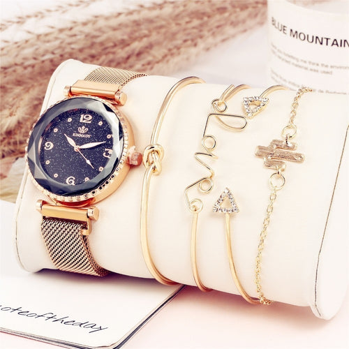 5pc/set Luxury Brand Women Watches Starry Sky Magnet Watch Buckle Fashion Casual Female Wristwatch Roman Numeral Simple Bracelet