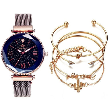 5pc/set Luxury Brand Women Watches Starry Sky Magnet Watch Buckle Fashion Casual Female Wristwatch Roman Numeral Simple Bracelet